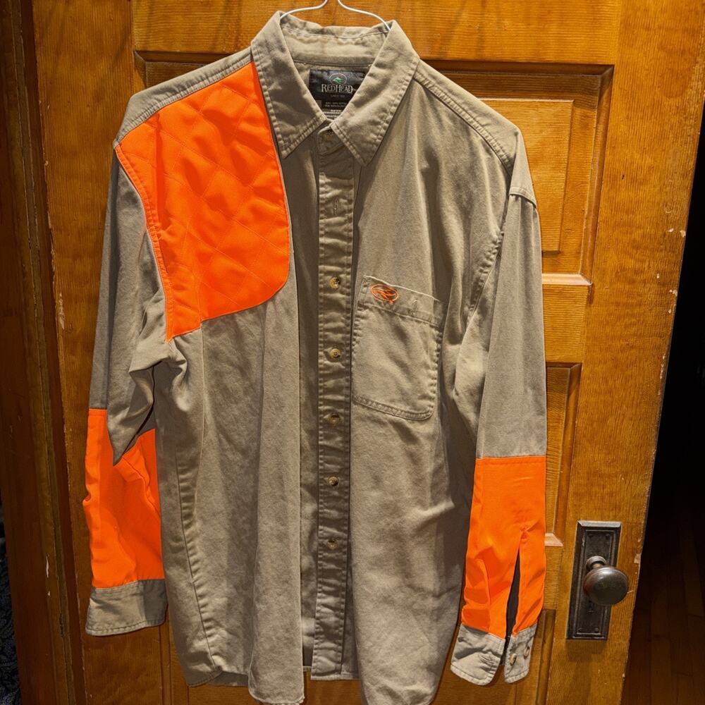 Red Head Mens Large Long Sleeve Button Up Tan Orange Hunting Shooting Shirt Safe